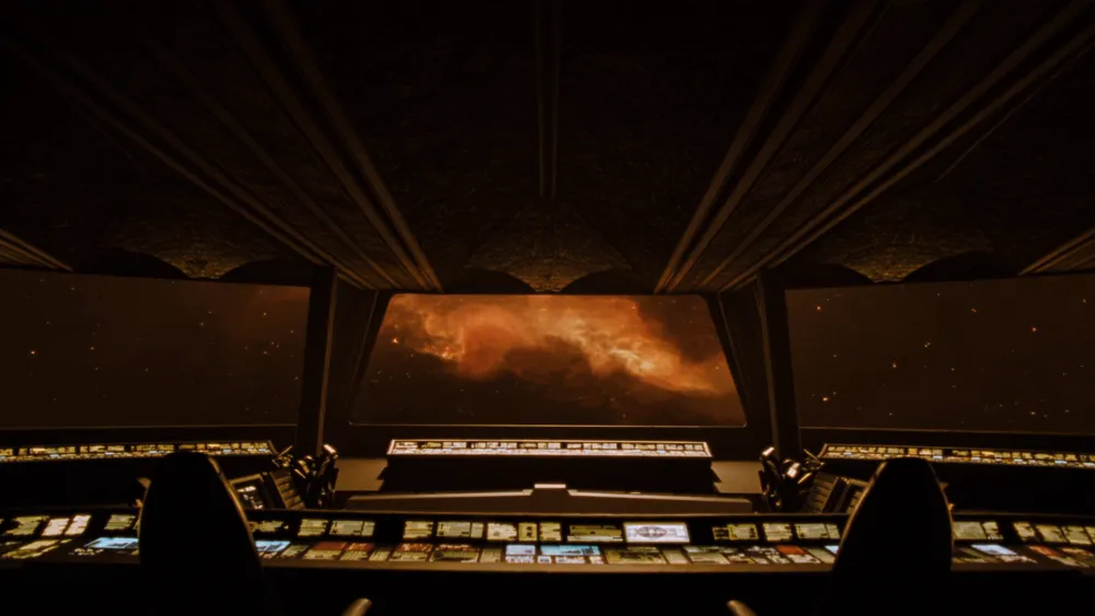 The bridge of the Amarr starship, gold panels and a window onto the stars